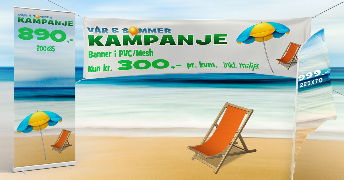 Kampanje på banner, rollup og beachflagg